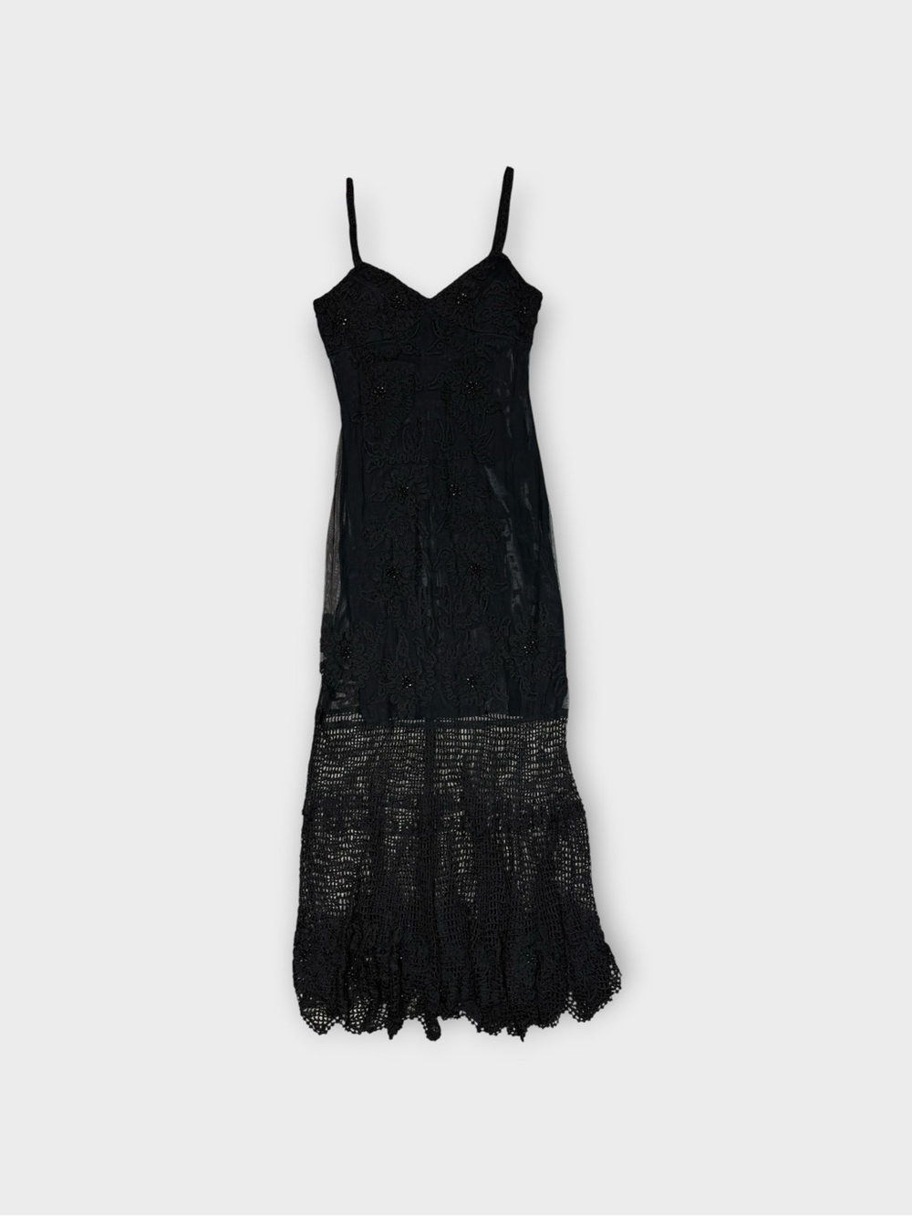 Vintage Sue Wong Nocturne Black Lace Maxi Dress with Crochet Skirt
